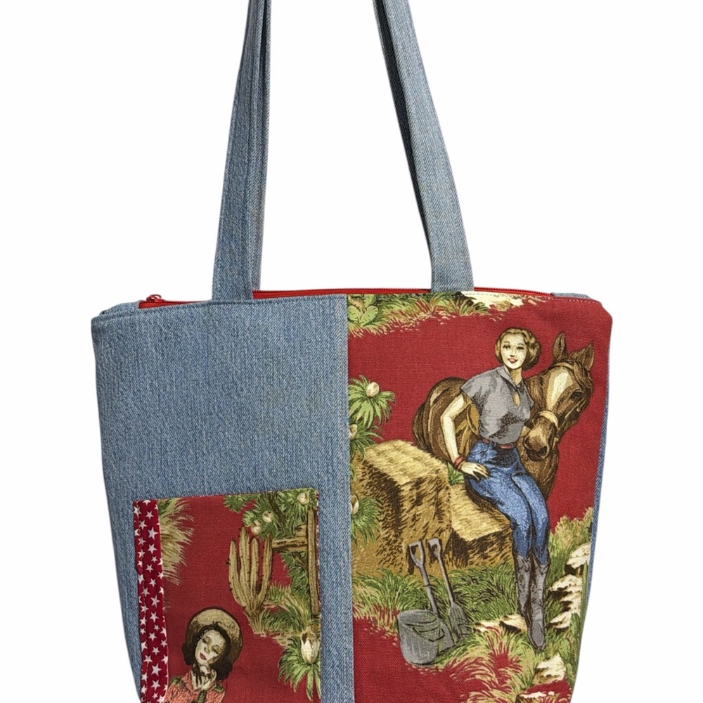 Equestrian Cowgirl Western tote recycled denim purse shoulder bag